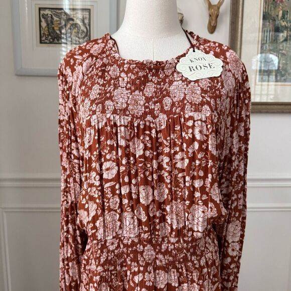 NWT Knox Rose Cave Long Sleeve Smocked Peasant Dress Rust Brown Floral XXL - Picture 3 of 11